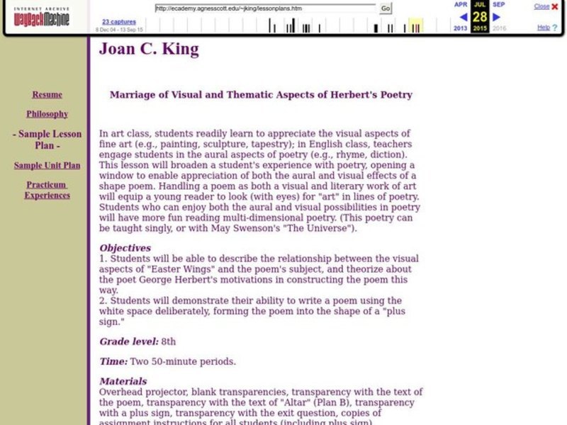 Marriage of Visual and Thematic Aspects of Herbert's Poetry Lesson Plan
