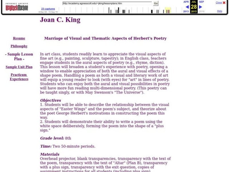 Marriage of Visual and Thematic Aspects of Herbert's Poetry Lesson Plan