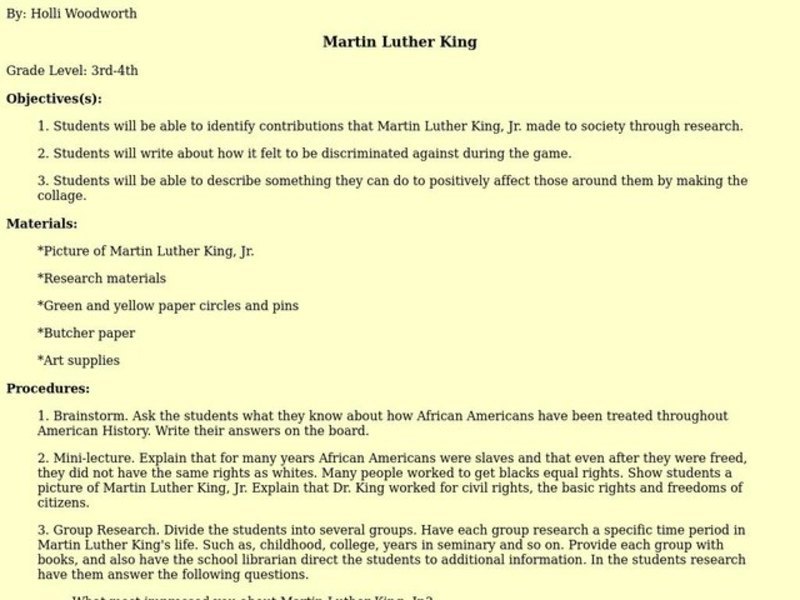 Martin Luther King Lesson Plan