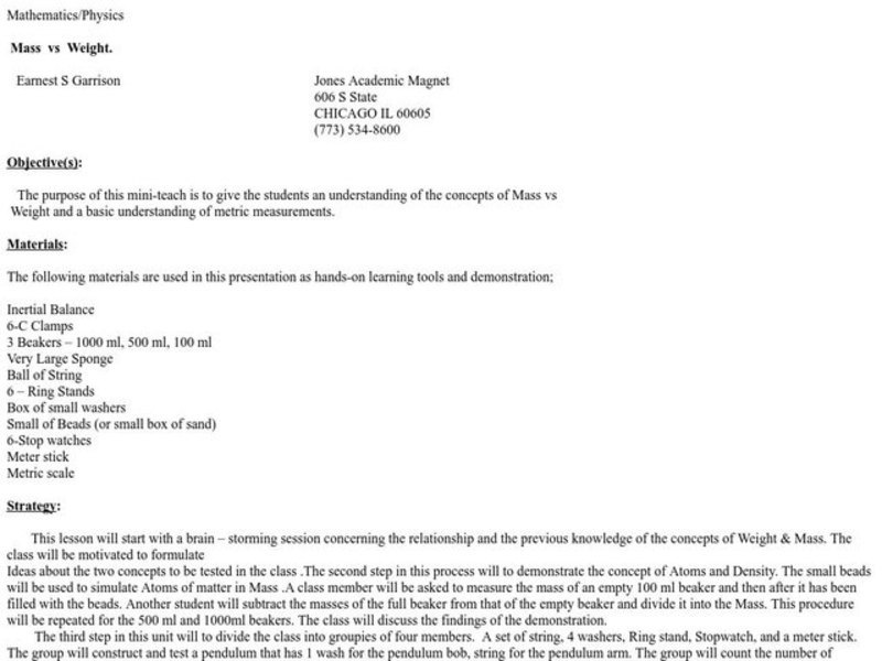 Mass vs. Weight Lesson Plan