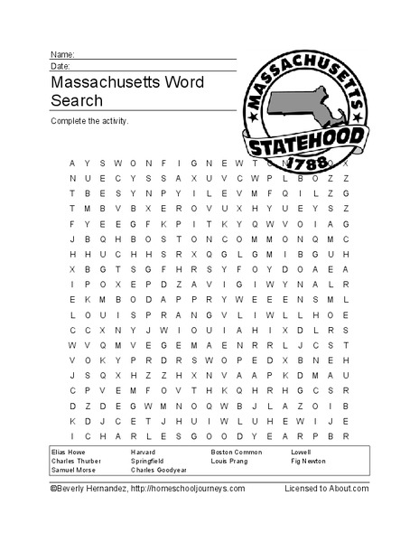 Massachusetts Word Search Worksheet
