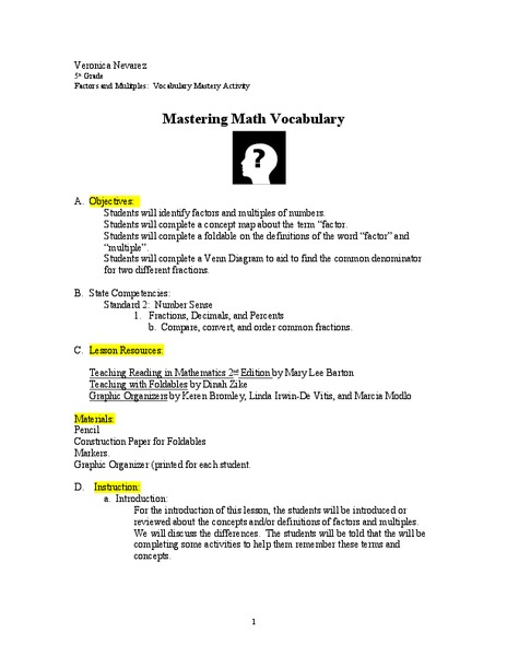 Mastering Math Vocabulary Lesson Plan
