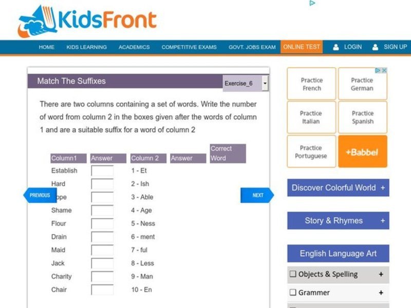 Match the Suffixes Worksheet