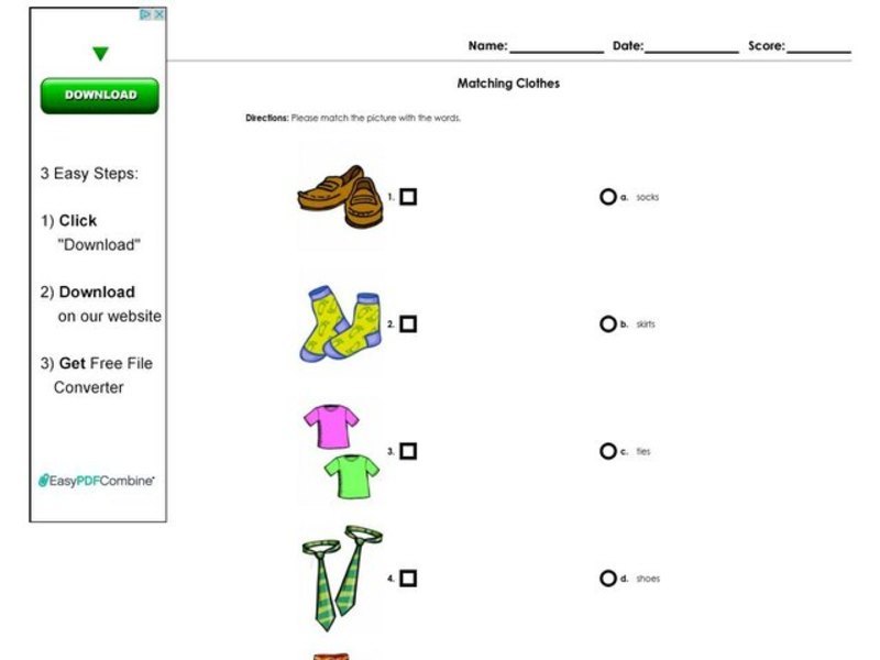 Matching Clothes Worksheet