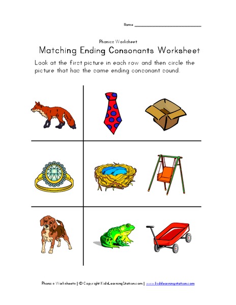 Matching Ending Consonants Worksheet Worksheet
