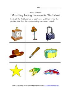 Matching Ending Consonants Worksheet Worksheet