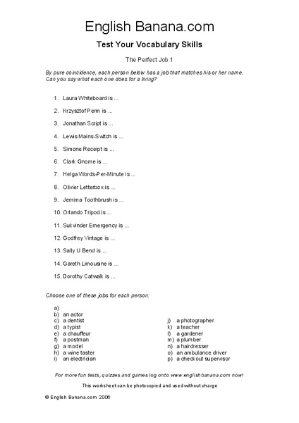 Matching Jobs Worksheet