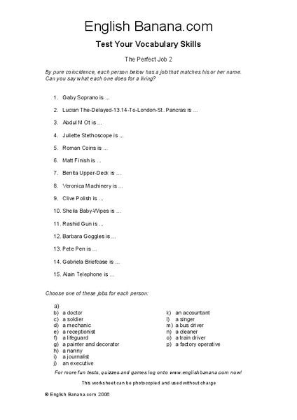 Matching Jobs Worksheet