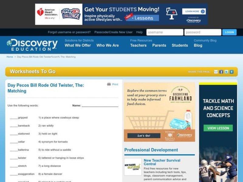 Matching Worksheet Worksheet