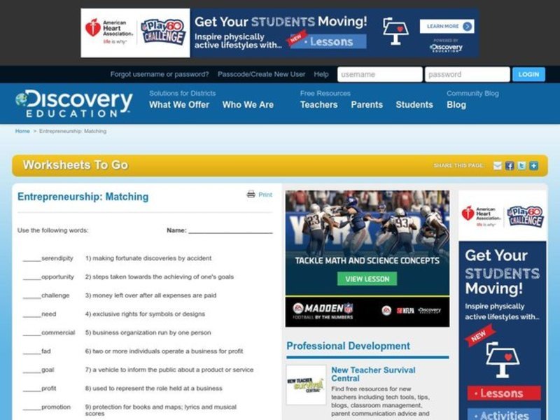 Matching Worksheet Worksheet
