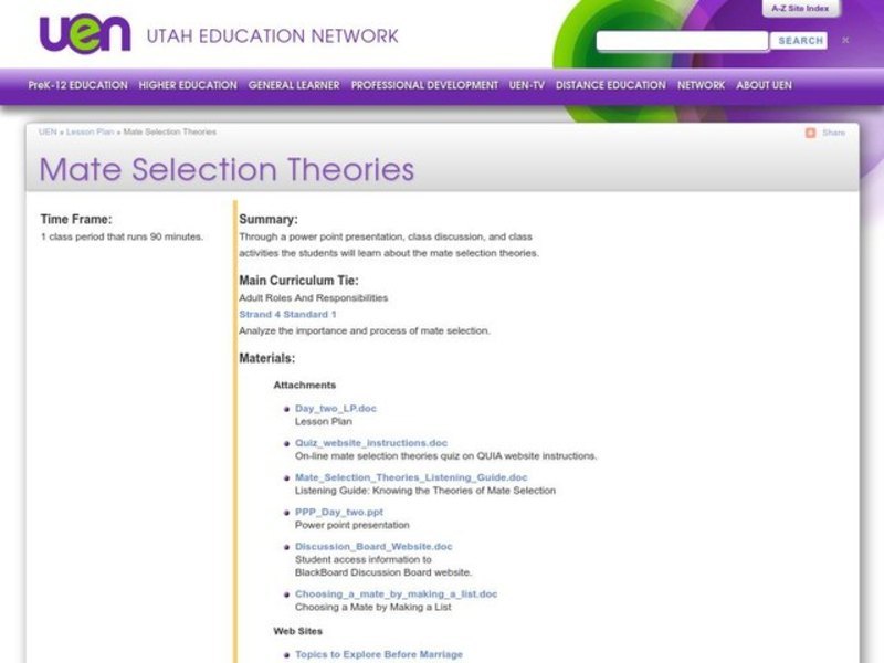 Mate Selection Theory Lesson Plan