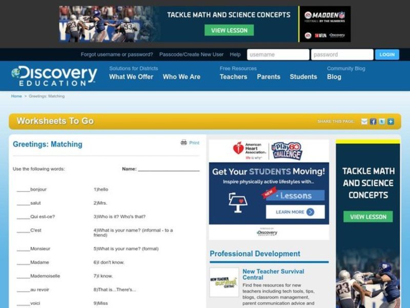 Matching Worksheet Worksheet