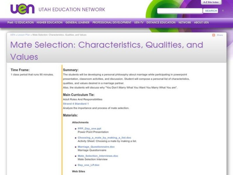 Mate Selection: Characteristics, Qualities, and Values Lesson Plan