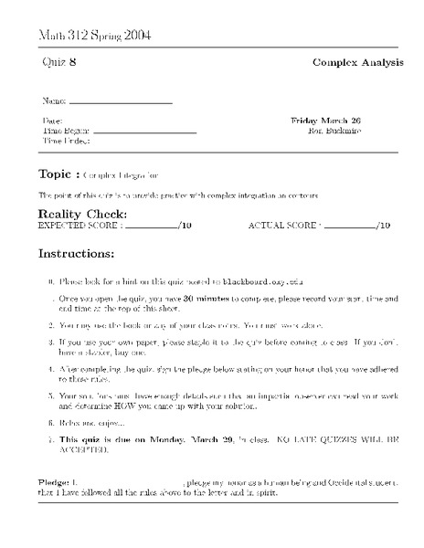 Math 312 Spring 2004:  Complex Integration Worksheet