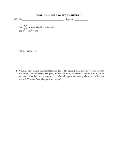 Math 155 Worksheet 7 Worksheet