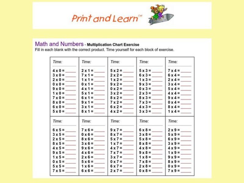 Math and Numbers - Multiplication Chart Exercise Worksheet