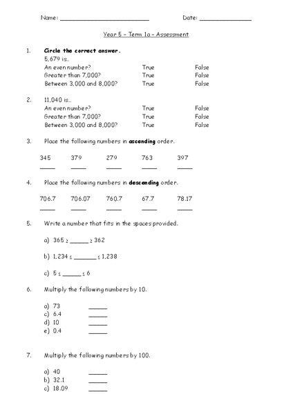 Math Assessment Worksheet