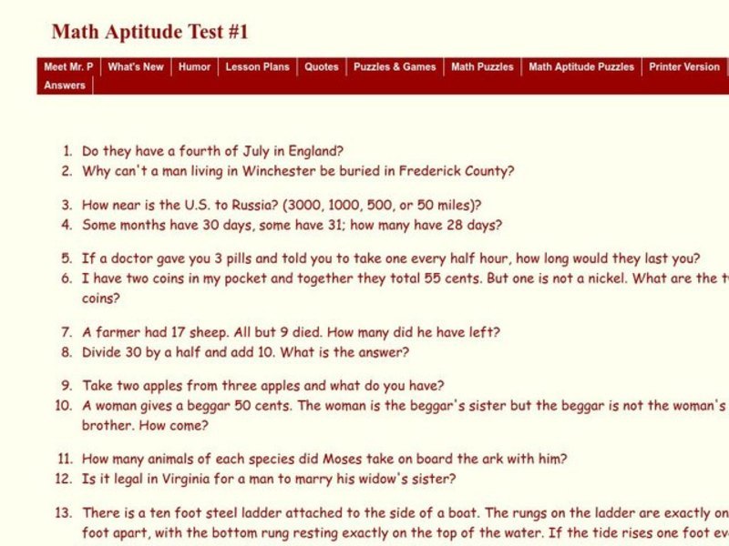 Math Aptitude Test Worksheet