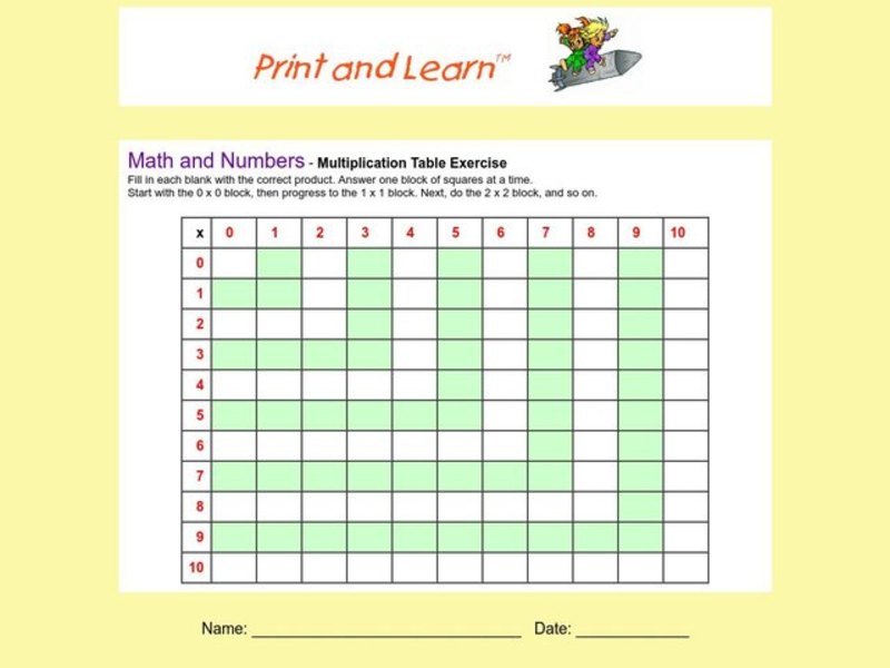 Math and Numbers - Multiplication Table Exercise Worksheet