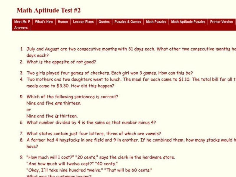 Math Aptitude Test Worksheet