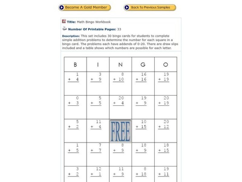 Math bingo Worksheet