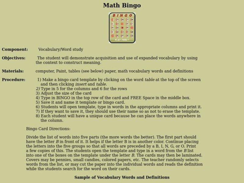 Math Bingo Lesson Plan