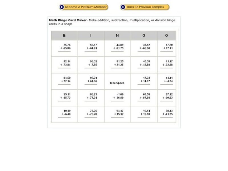 Math Bingo Card Maker Worksheet