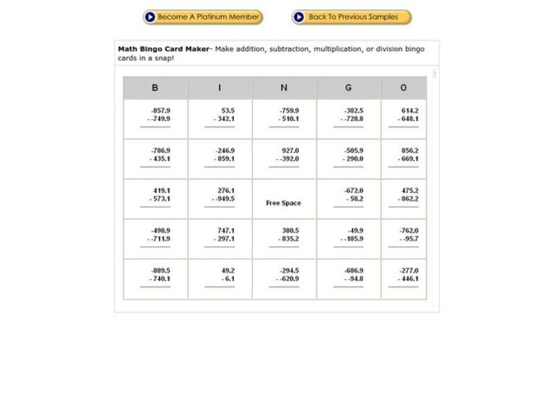 Math Bingo Card Maker Worksheet
