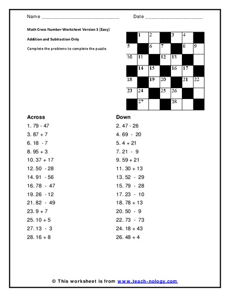 Math Cross Number Version 9 Worksheet