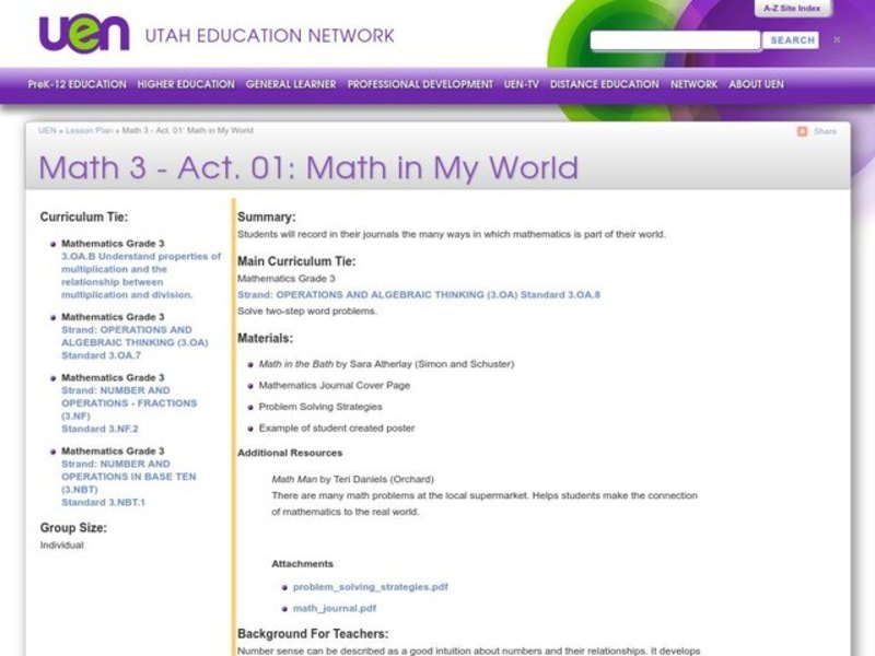 Math in My World Lesson Plan