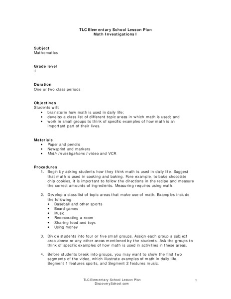 Math Investigations Lesson Plan