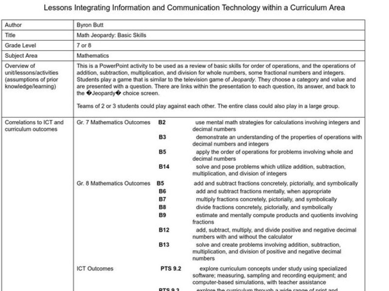 Math Jeopardy: Basic Skills Lesson Plan