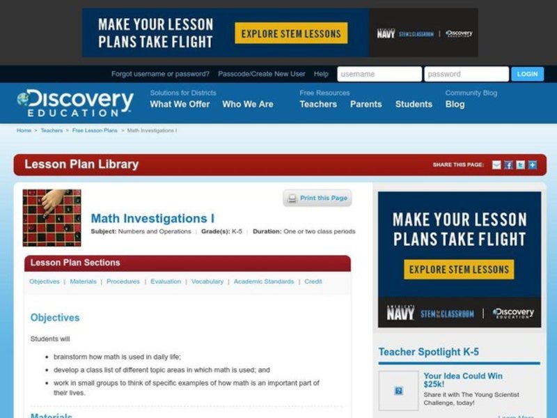 Math Investigations Lesson Plan