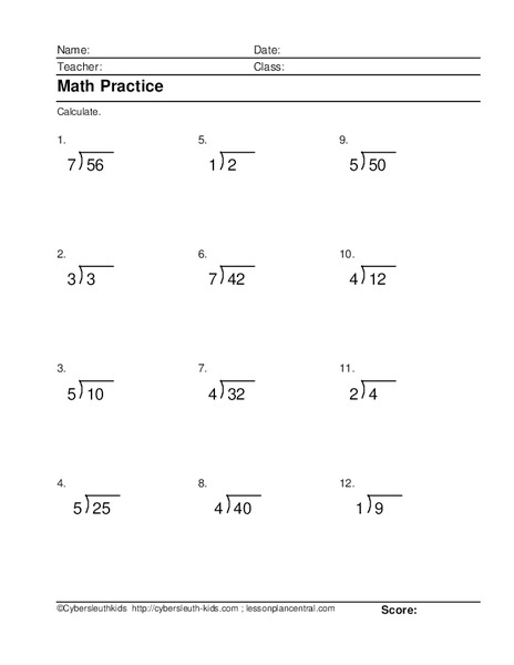 Math Practice: Dividing Worksheet