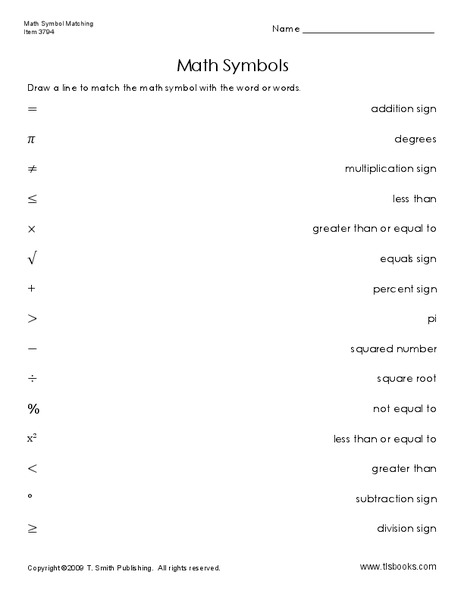 Math Symbols Worksheet