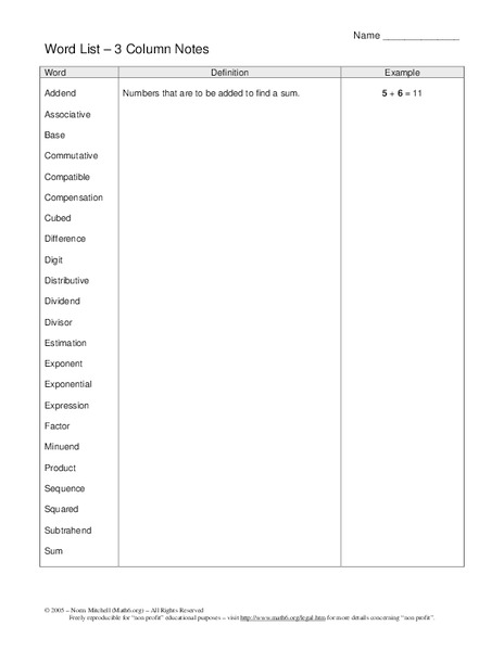 Math vocabulary Organizer