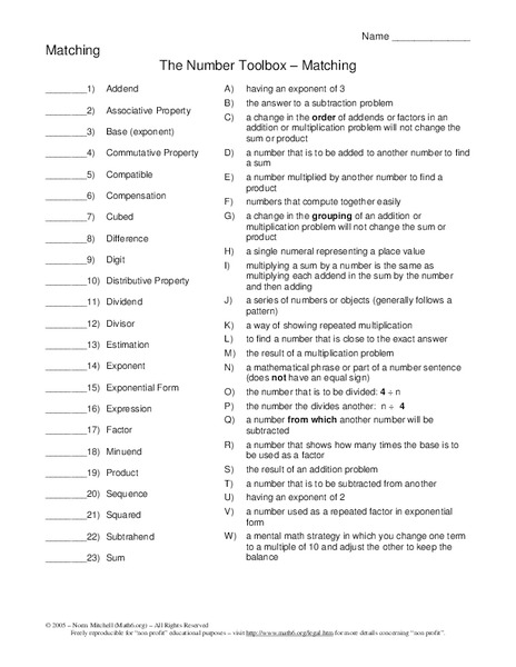 Math Vocabulary Worksheet