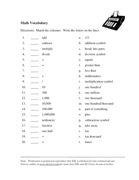 Math Vocabulary Worksheet