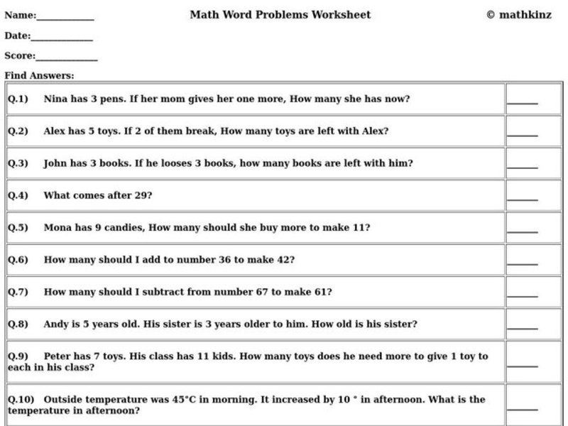 Math Word Problems Worksheet Worksheet