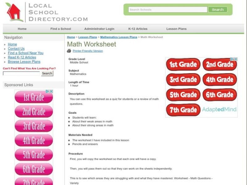 Math Worksheet Lesson Plan