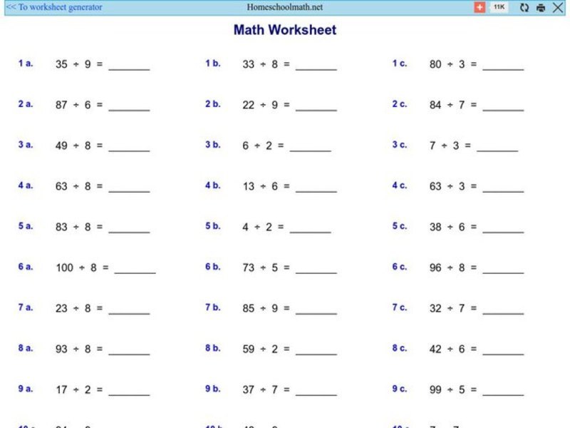 Math Worksheet 1: Division Worksheet