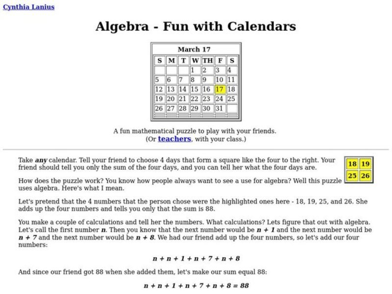 Algebra - Fun with Calendars - Activity Lesson Plan
