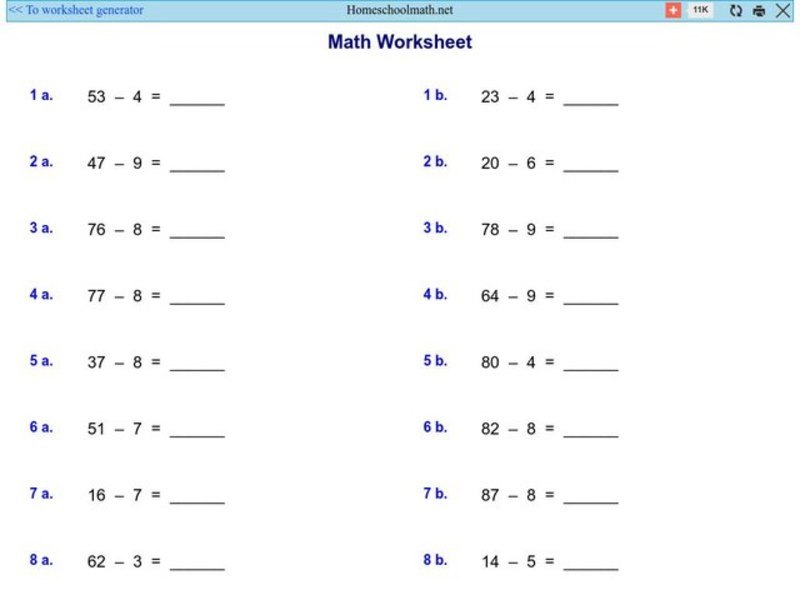 Math Worksheet 1: Subtraction Worksheet