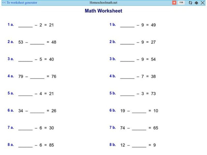 Math Worksheet 1: Subtraction Worksheet