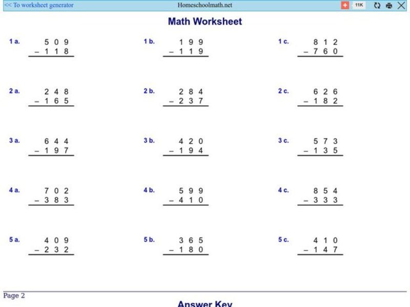 Math Worksheet 1: Subtraction Worksheet
