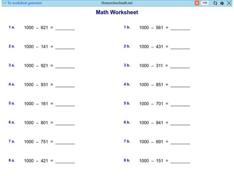 Math Worksheet 1: Subtraction Worksheet