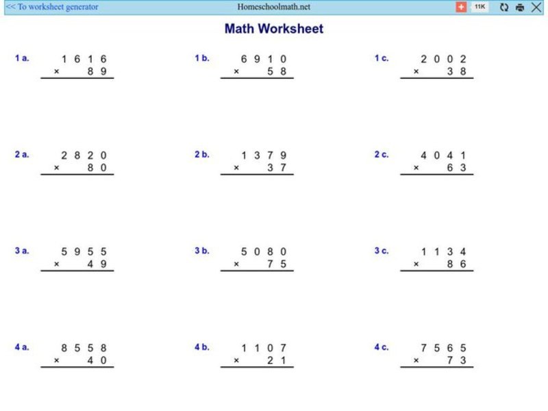 Math Worksheet 1: Multiplication, #3 Worksheet