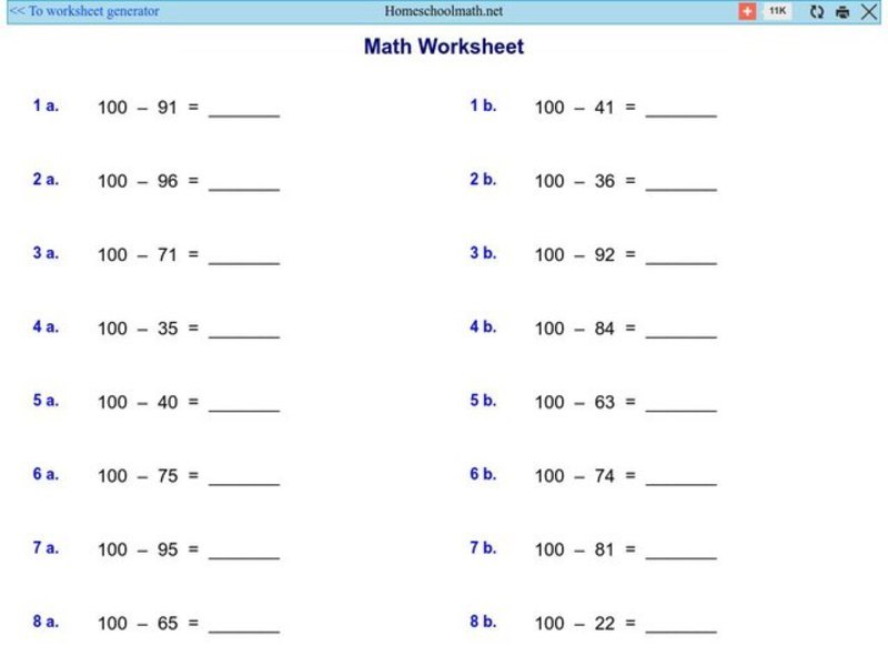 Math Worksheet 1: Subtraction, #3 Worksheet