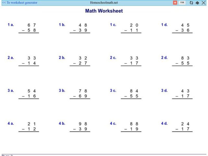 Math Worksheet 1: Subtraction, #3 Worksheet