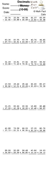 Math: Decimals / Money #1 (10-99) Worksheet